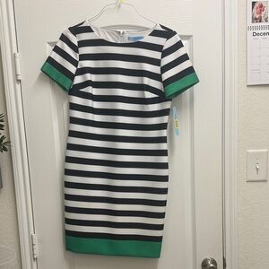 Black and White Striped Dress with Green Trim